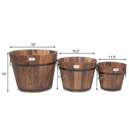 VINGLI 3 pcs Wooden Planter Barrel Set, Real Wood Indoor\u002FOutdoor Flower Pot w\u002FDrainage Holes, Different Sizes, Large Garden Container Box