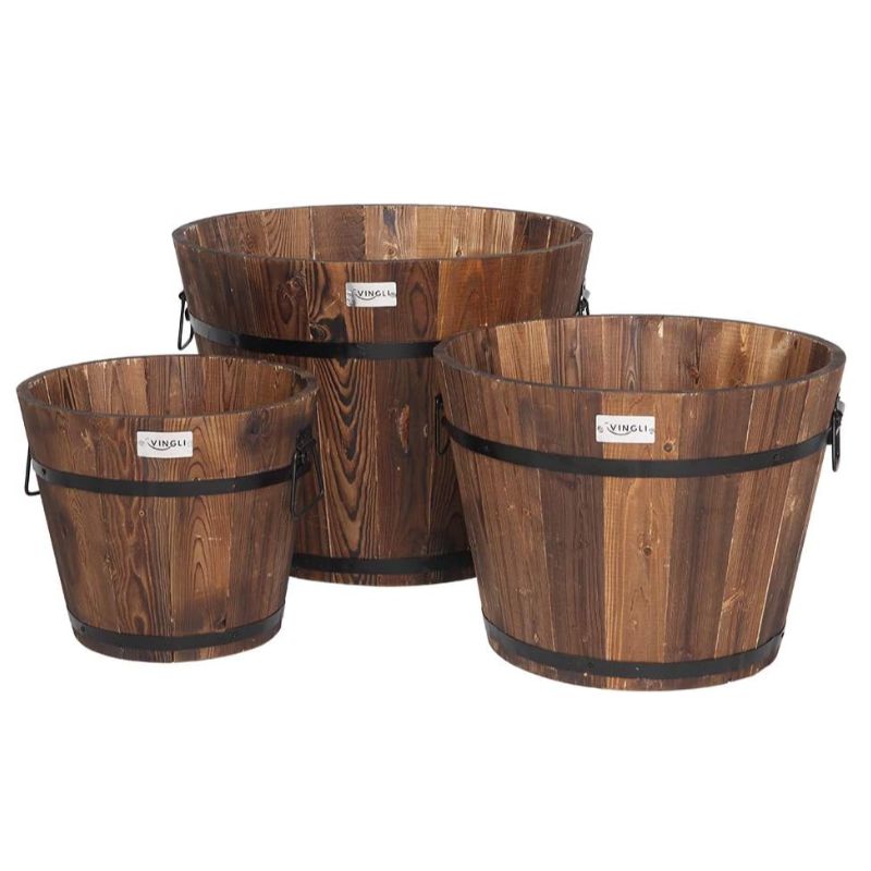 VINGLI 3 pcs Wooden Planter Barrel Set, Real Wood Indoor\u002FOutdoor Flower Pot w\u002FDrainage Holes, Different Sizes, Large Garden Container Box