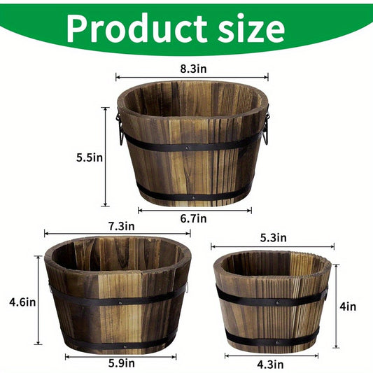 Wooden Whiskey Barrel Planters - Wooden Bucket Barrel Garden Planters Set - Rustic Flower Planters Pots Container for Indoor Outdoor Garden Home Plants (Oval-3pcs)