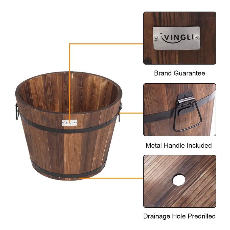 VINGLI 3 pcs Wooden Planter Barrel Set, Real Wood Indoor\u002FOutdoor Flower Pot w\u002FDrainage Holes, Different Sizes, Large Garden Container Box