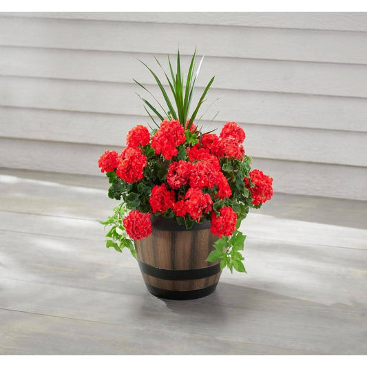 Durable, weather-resistant design mimics a rustic wine barrel with authentic stave detailing and a rich walnut brown finish.