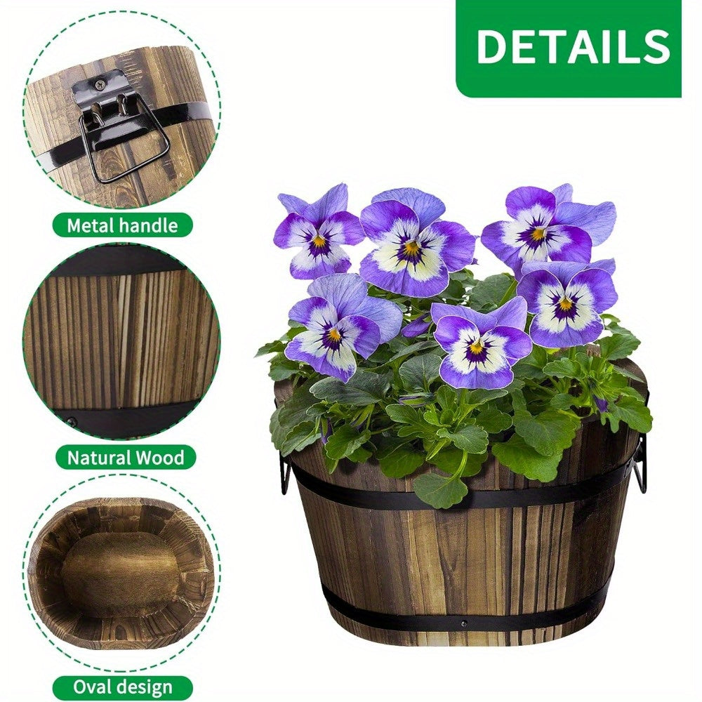 Wooden Whiskey Barrel Planters - Wooden Bucket Barrel Garden Planters Set - Rustic Flower Planters Pots Container for Indoor Outdoor Garden Home Plants (Oval-3pcs)