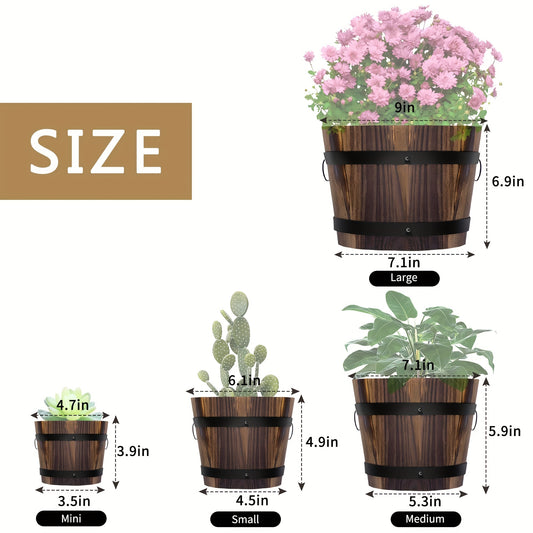 4 Wooden Barrel Planters Set 4 Pack Wooden Whiskey Barrel Planters - 4 Sizes Wooden Bucket Barrel Garden Planters Set - Rustic Flower Planters Pots Container For Indoor Outdoor Garden Home Plants (4.7\