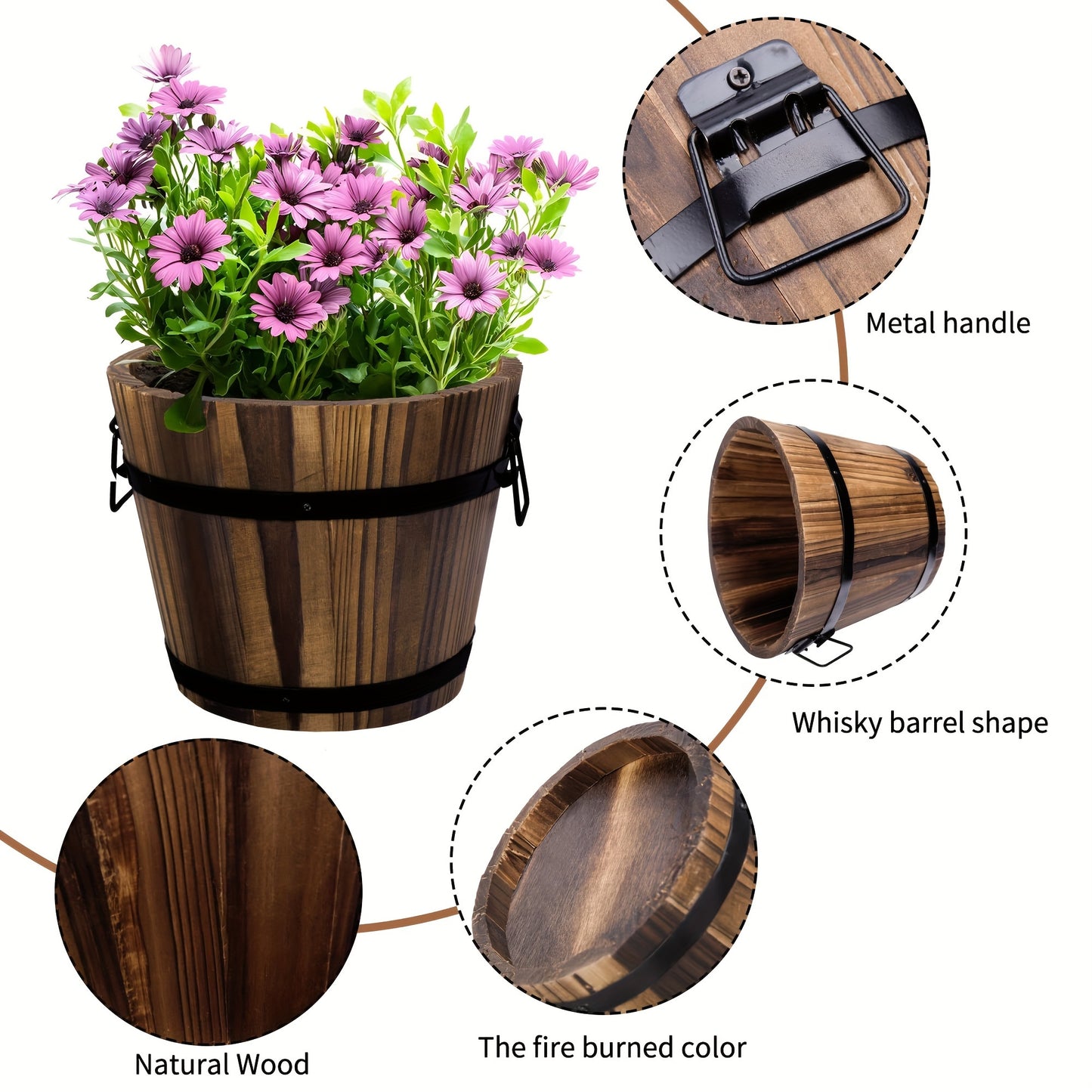 4 Wooden Barrel Planters Set 4 Pack Wooden Whiskey Barrel Planters - 4 Sizes Wooden Bucket Barrel Garden Planters Set - Rustic Flower Planters Pots Container For Indoor Outdoor Garden Home Plants (4.7\