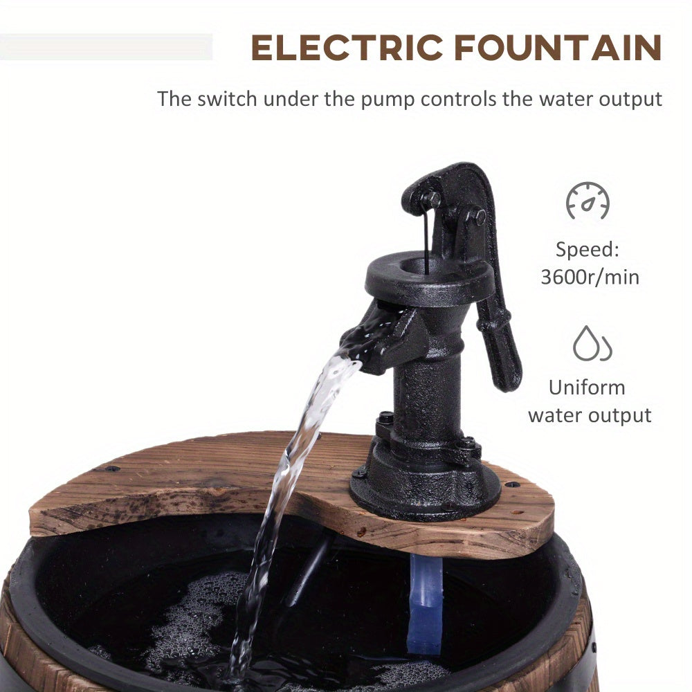 Rustic Wooden Barrel Outdoor Water Fountain with Metal Pump – 23\