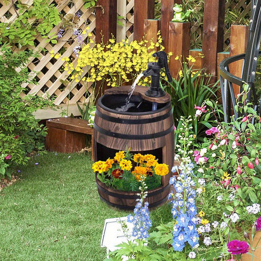 Rustic Wooden Barrel Outdoor Water Fountain with Metal Pump – 23\