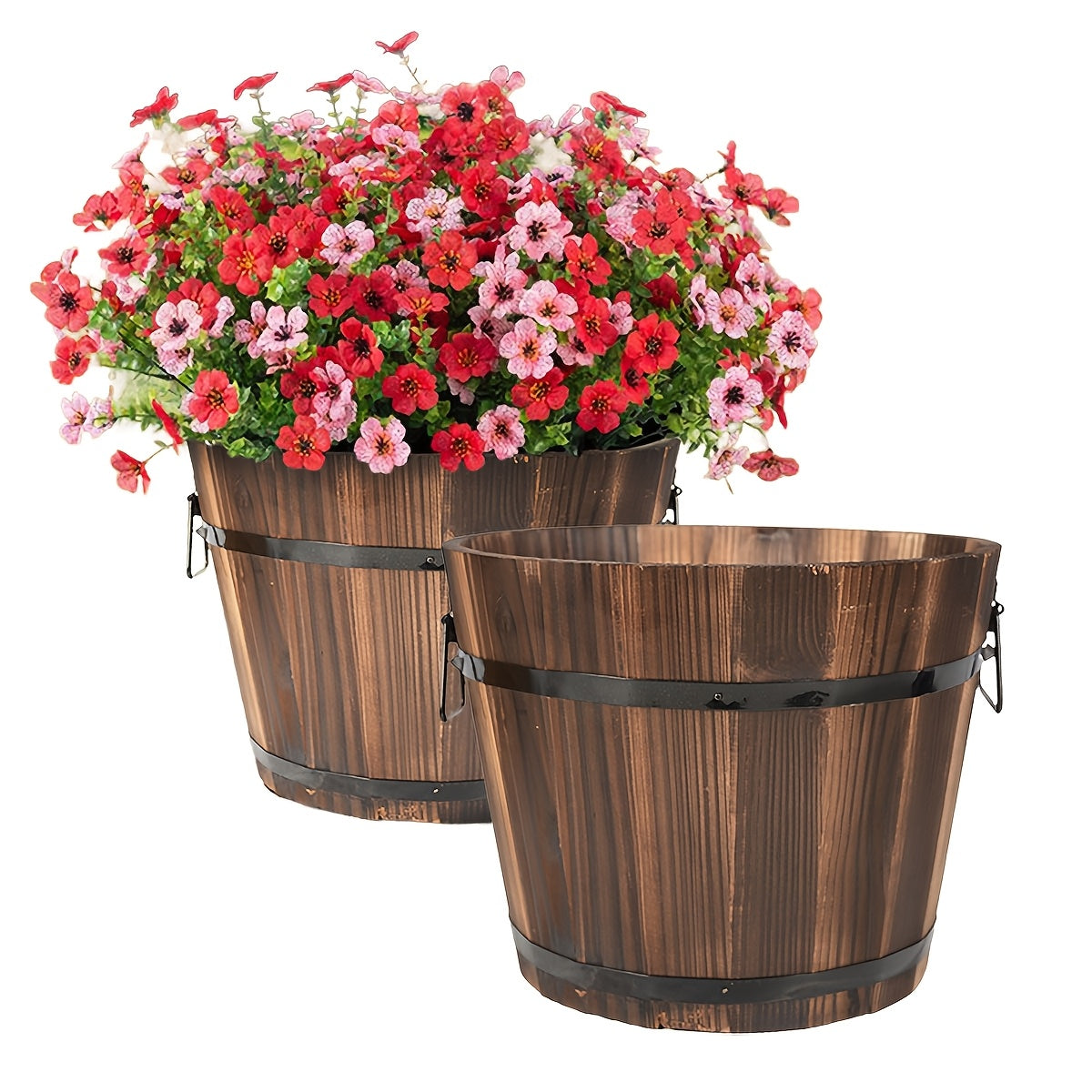2pc Multi-functional Wooden Garden Bucket 2pc Whiskey Bucket Flowerpot Solid Wood Plant Flower With Water Outlet Multi-functional Indoor\u002Foutdoor Home Garden Ornament Home Storage Bucket Wooden Garden Tool Bucket