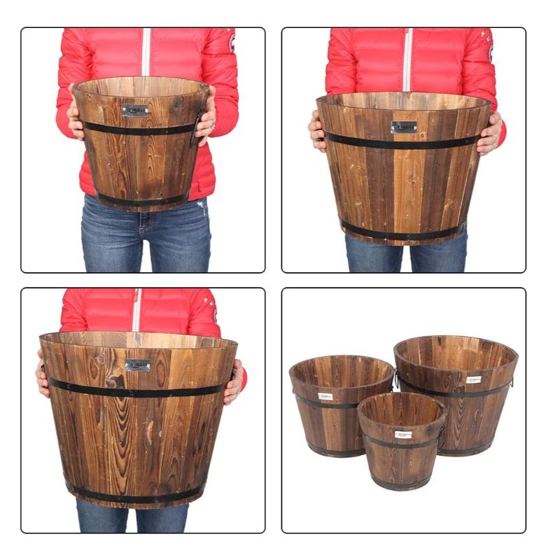 VINGLI 3 pcs Wooden Planter Barrel Set, Real Wood Indoor\u002FOutdoor Flower Pot w\u002FDrainage Holes, Different Sizes, Large Garden Container Box