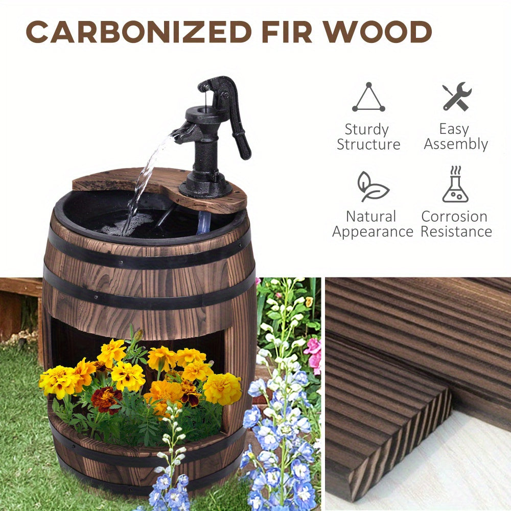 Rustic Wooden Barrel Outdoor Water Fountain with Metal Pump – 23\