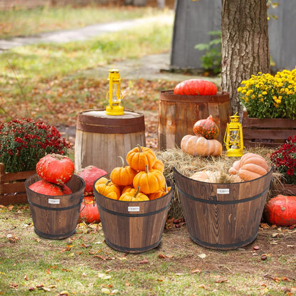 VINGLI 3 pcs Wooden Planter Barrel Set, Real Wood Indoor\u002FOutdoor Flower Pot w\u002FDrainage Holes, Different Sizes, Large Garden Container Box