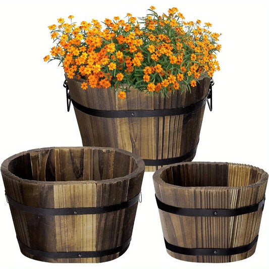Wooden Whiskey Barrel Planters - Wooden Bucket Barrel Garden Planters Set - Rustic Flower Planters Pots Container for Indoor Outdoor Garden Home Plants (Oval-3pcs)