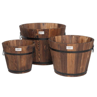 VINGLI 3 pcs Wooden Planter Barrel Set, Real Wood Indoor\u002FOutdoor Flower Pot w\u002FDrainage Holes, Different Sizes, Large Garden Container Box