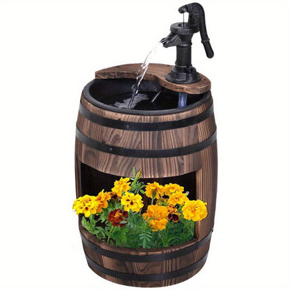 Rustic Wooden Barrel Outdoor Water Fountain with Metal Pump – 23\
