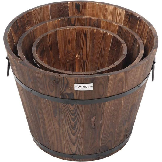 VINGLI 3 pcs Wooden Planter Barrel Set, Real Wood Indoor\u002FOutdoor Flower Pot w\u002FDrainage Holes, Different Sizes, Large Garden Container Box