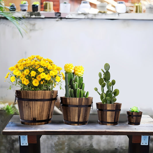 4 Wooden Barrel Planters Set 4 Pack Wooden Whiskey Barrel Planters - 4 Sizes Wooden Bucket Barrel Garden Planters Set - Rustic Flower Planters Pots Container For Indoor Outdoor Garden Home Plants (4.7\