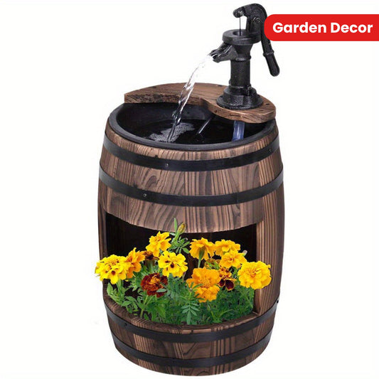 Rustic Wooden Barrel Outdoor Water Fountain with Metal Pump – 23\