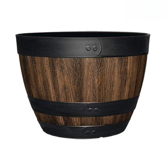 Durable, weather-resistant design mimics a rustic wine barrel with authentic stave detailing and a rich walnut brown finish.