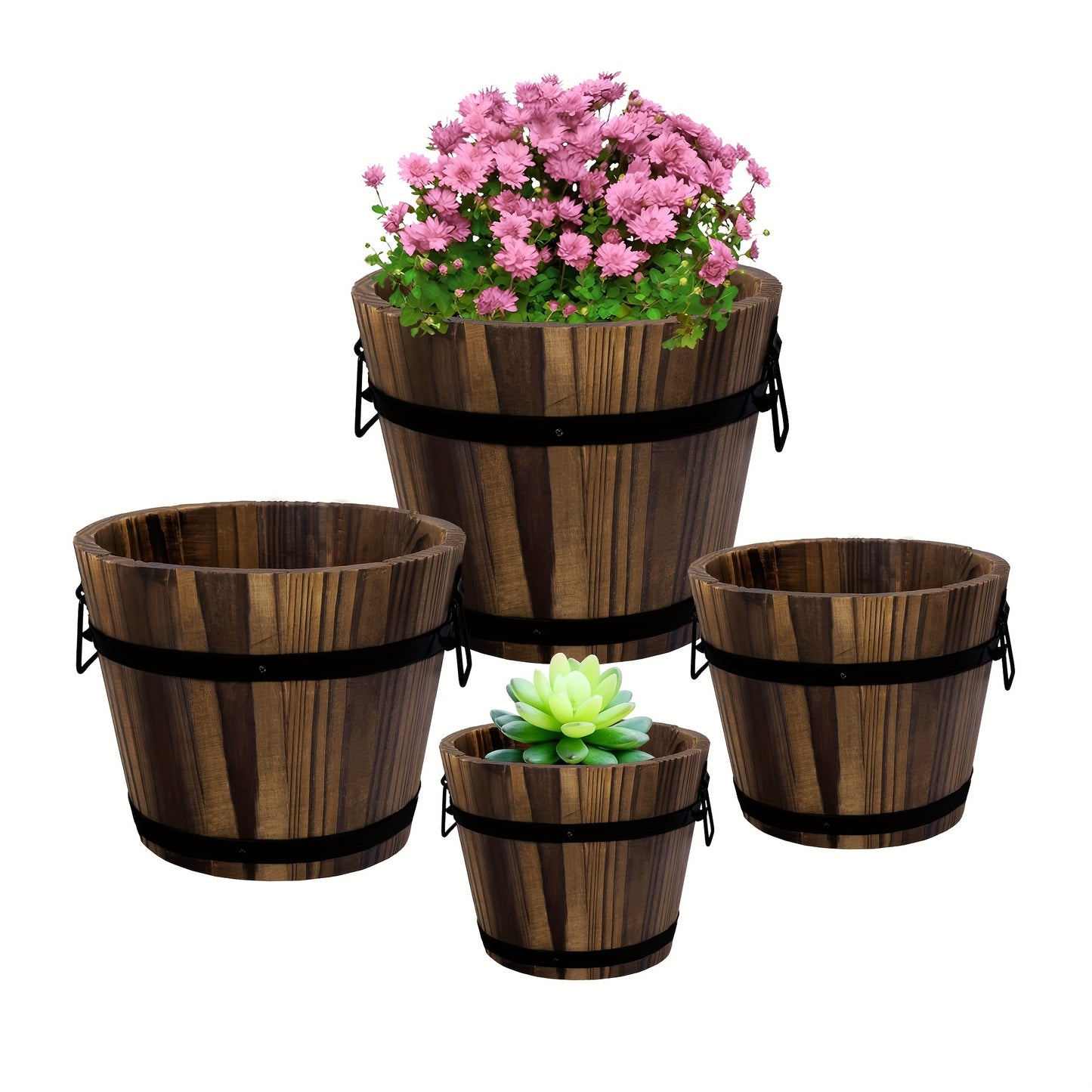 4 Wooden Barrel Planters Set 4 Pack Wooden Whiskey Barrel Planters - 4 Sizes Wooden Bucket Barrel Garden Planters Set - Rustic Flower Planters Pots Container For Indoor Outdoor Garden Home Plants (4.7\