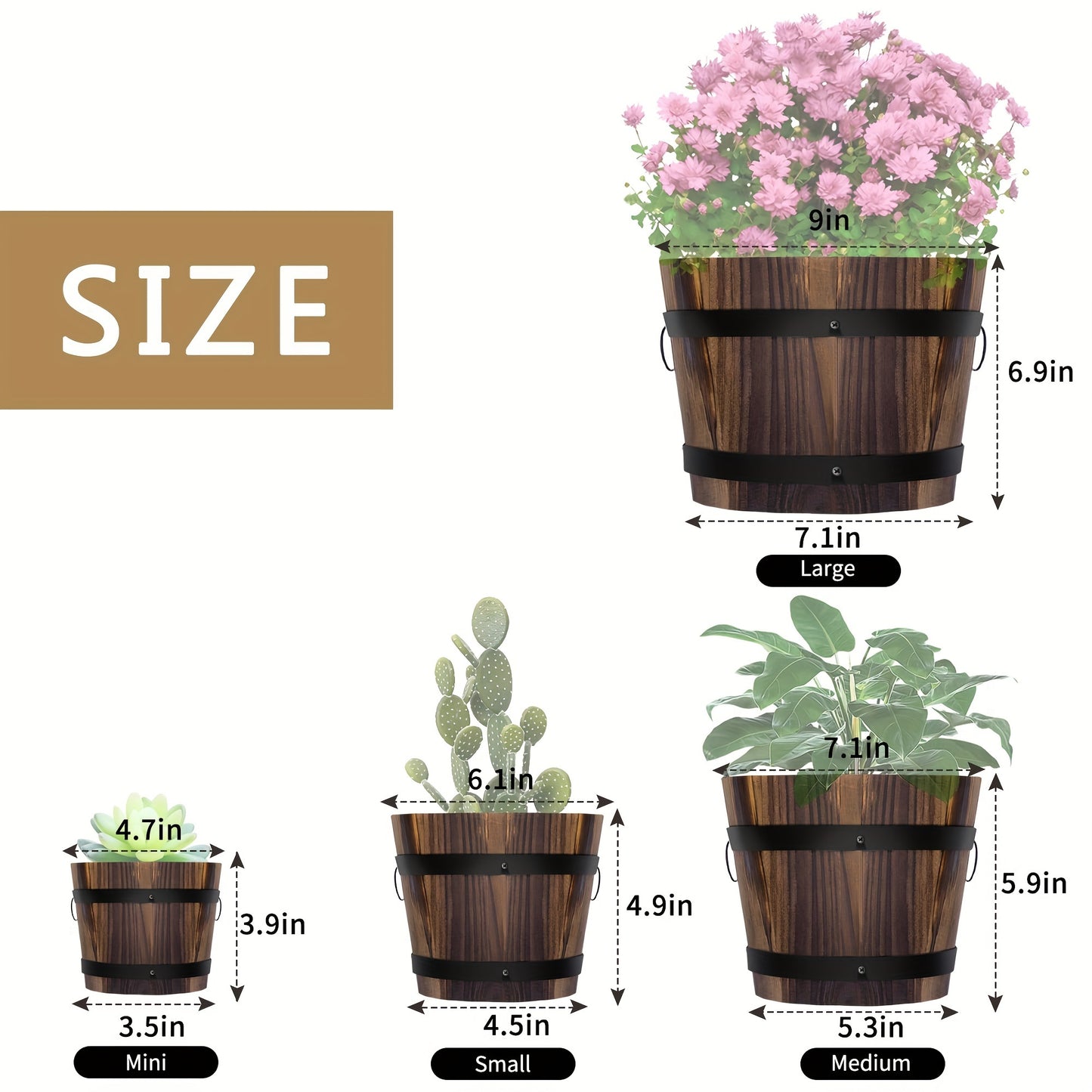 4 Wooden Barrel Planters Set 4 Pack Wooden Whiskey Barrel Planters - 4 Sizes Wooden Bucket Barrel Garden Planters Set - Rustic Flower Planters Pots Container For Indoor Outdoor Garden Home Plants (4.7\