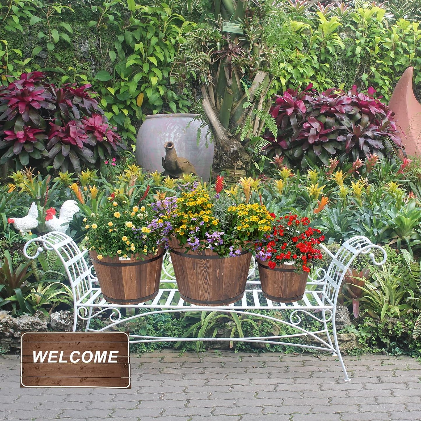 VINGLI 3 pcs Wooden Planter Barrel Set, Real Wood Indoor\u002FOutdoor Flower Pot w\u002FDrainage Holes, Different Sizes, Large Garden Container Box
