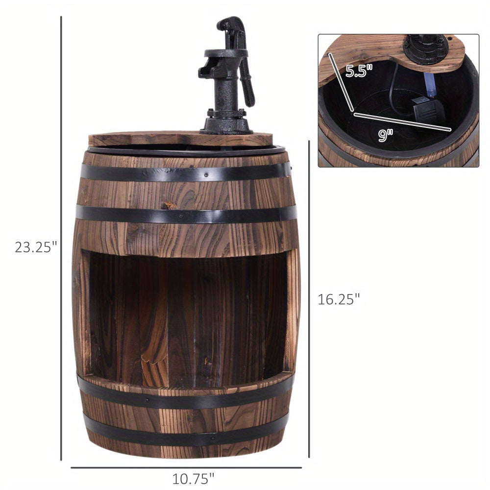 Rustic Wooden Barrel Outdoor Water Fountain with Metal Pump – 23\