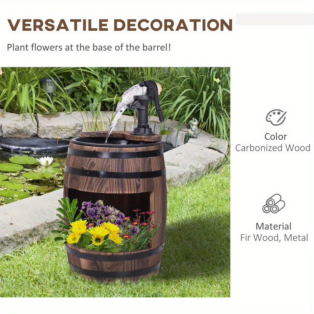 Rustic Wooden Barrel Outdoor Water Fountain with Metal Pump – 23\