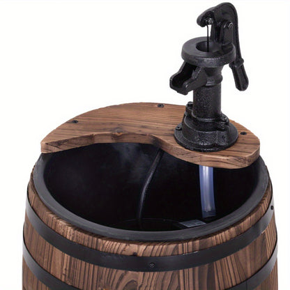 Rustic Wooden Barrel Outdoor Water Fountain with Metal Pump – 23\