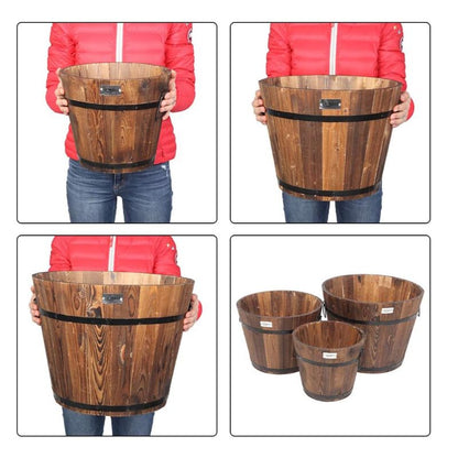 VINGLI 3 pcs Wooden Planter Barrel Set, Real Wood Indoor\u002FOutdoor Flower Pot w\u002FDrainage Holes, Different Sizes, Large Garden Container Box